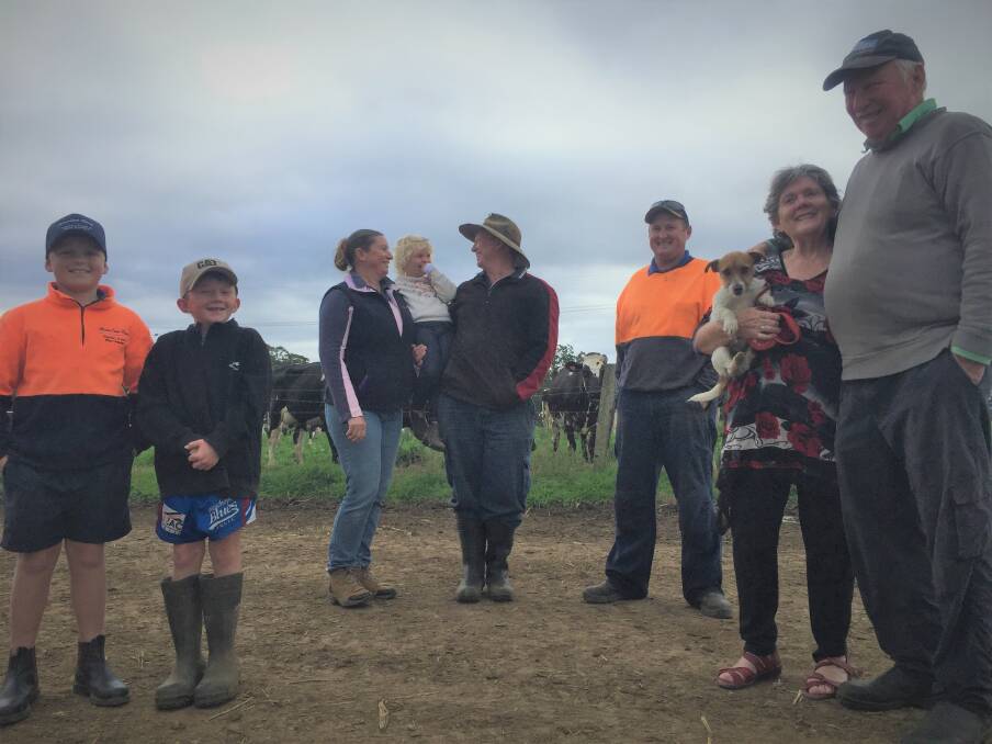 Family affair: Harry Collins and Max Cleary, Meaghan, Ruby and Luke Cleary, Michael Hillard and Sue and Leo Cleary on the Brombin dairy farm, Hastings Park.