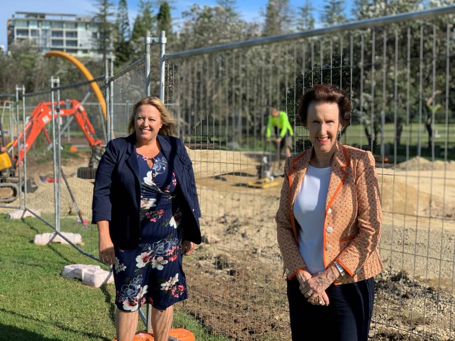 Mayor Peta Pinson and Member for Port Macquarie Leslie Williams at the Town Beach playground which will now include a water play area and scooter pump track.