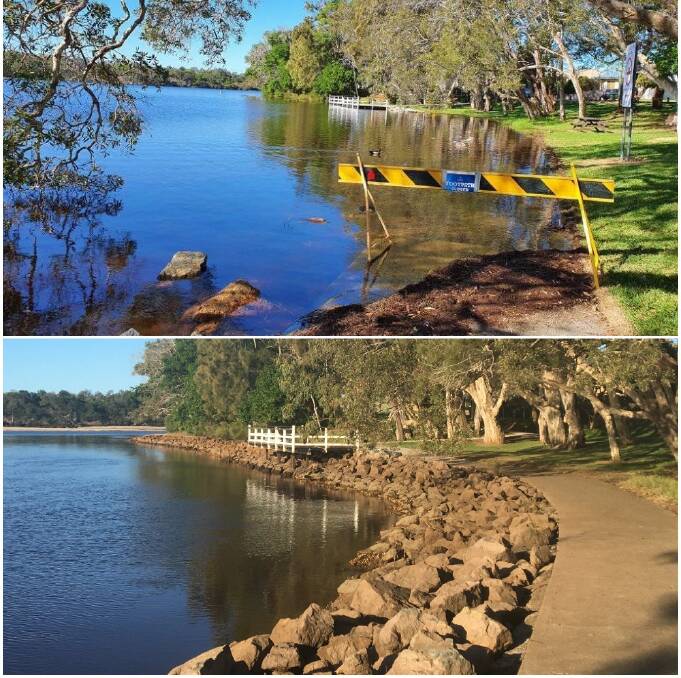 Before and after: Lake Cathie flooding on footpaths has subsided.