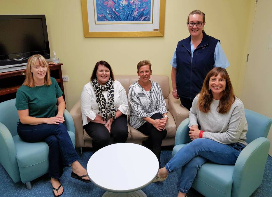 Mothers Day Classic organisers Kylie Bulmer (left) and Carmen Abi-Saab (right) with Pink Girls Tracy Stone and Magalie Lameloise and Mid North Cancer Institute Acting Nurse Unit Manager Katie Gooch in the quiet room that is about to undergo a makeover thanks to community donations.