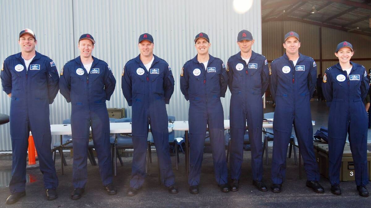 The RAAF Airforce Roulettes team at the Hastings District Flying Club Open Day - Lachie Hazeldine, Ben Hepworth, Squadron Leader Jamie Braden, Nathan Stankevicius, Daniel Barclay, Mark Keritz and Aimee Heal.