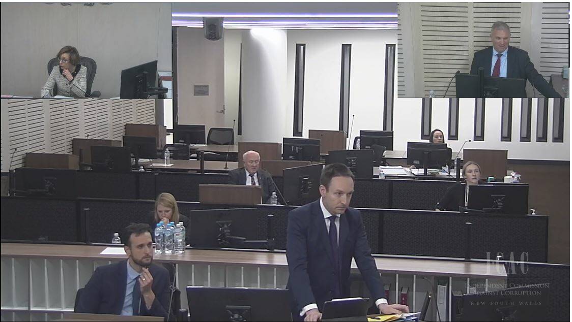 GRILLING: Temora businessman and farmer Angus McLaren (top right) appears before ICAC, where he claimed to have been inadvertently involved in a cash for visas scam via an agent linked to Daryl Maguire. Picture: ICAC