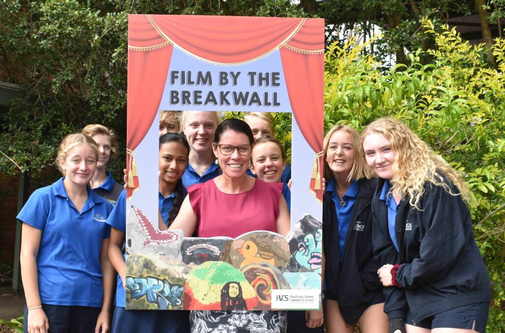 Film By The Breakwall: Coordinator Karen Noble with students at Hastings Secondary College.