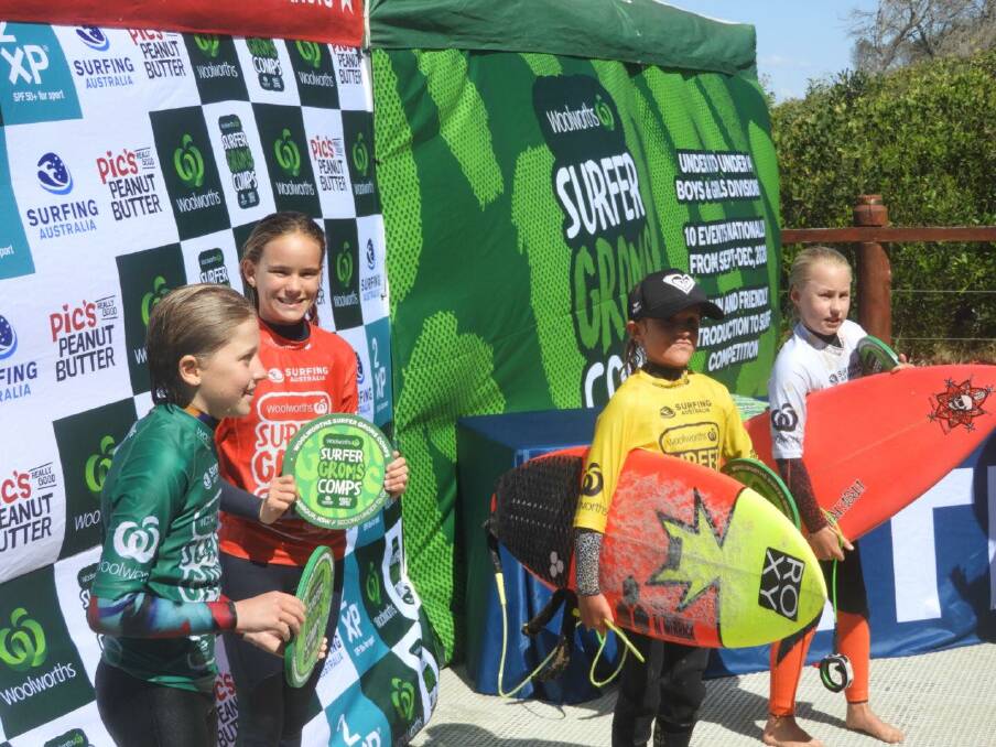 ON THE PODIUM: Avalon Enfield with other under 12s surfers at Coffs Harbour. Photo: Soul Surfing Port Macquarie.