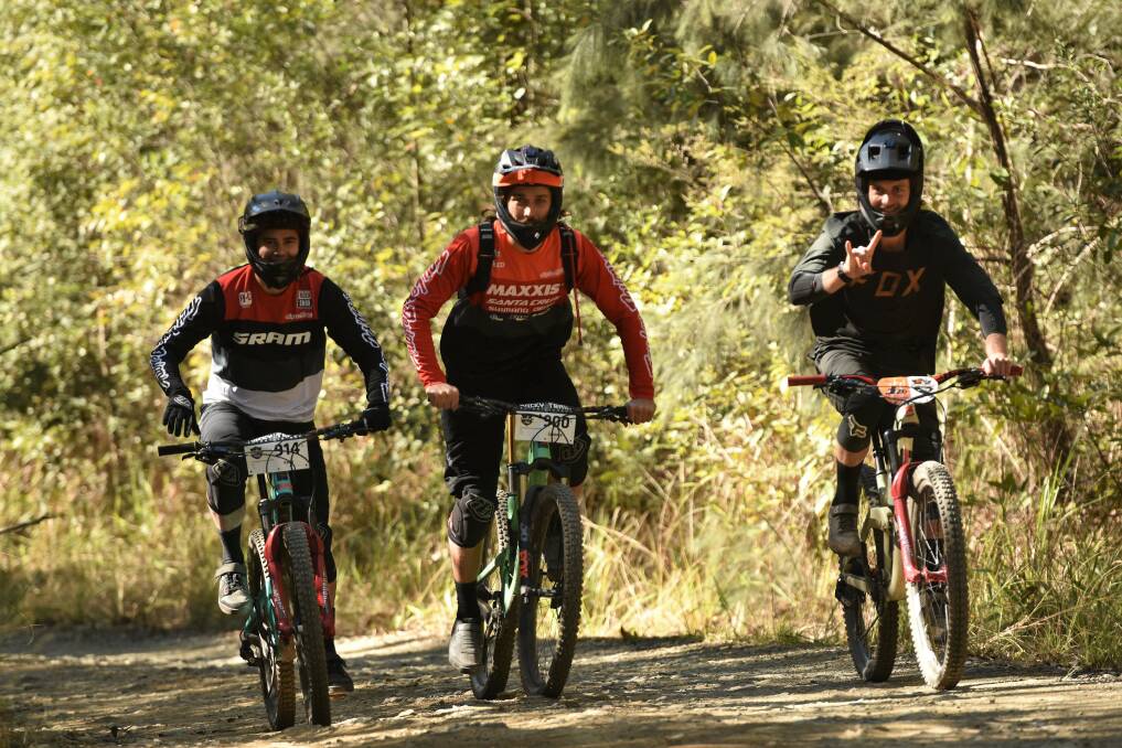 BACK IN THE SADDLE: Kent Hamilton, Graeme Mudd, Josh Button enjoy their ride in the bush at Jolly Nose in July, 2019.