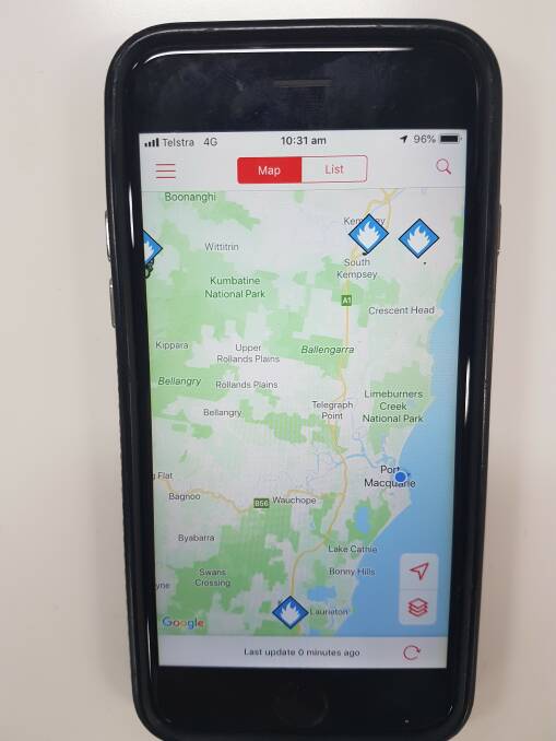 Mapping: Fires Near Me app on a mobile device in Port Macquarie.