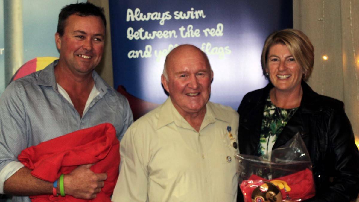 WBHSLSC Life Governor "Chalkie" Bob Smith (centre) congratulates the Club Persons of the Year, Preston Wilson and Michelle Kirkwood.