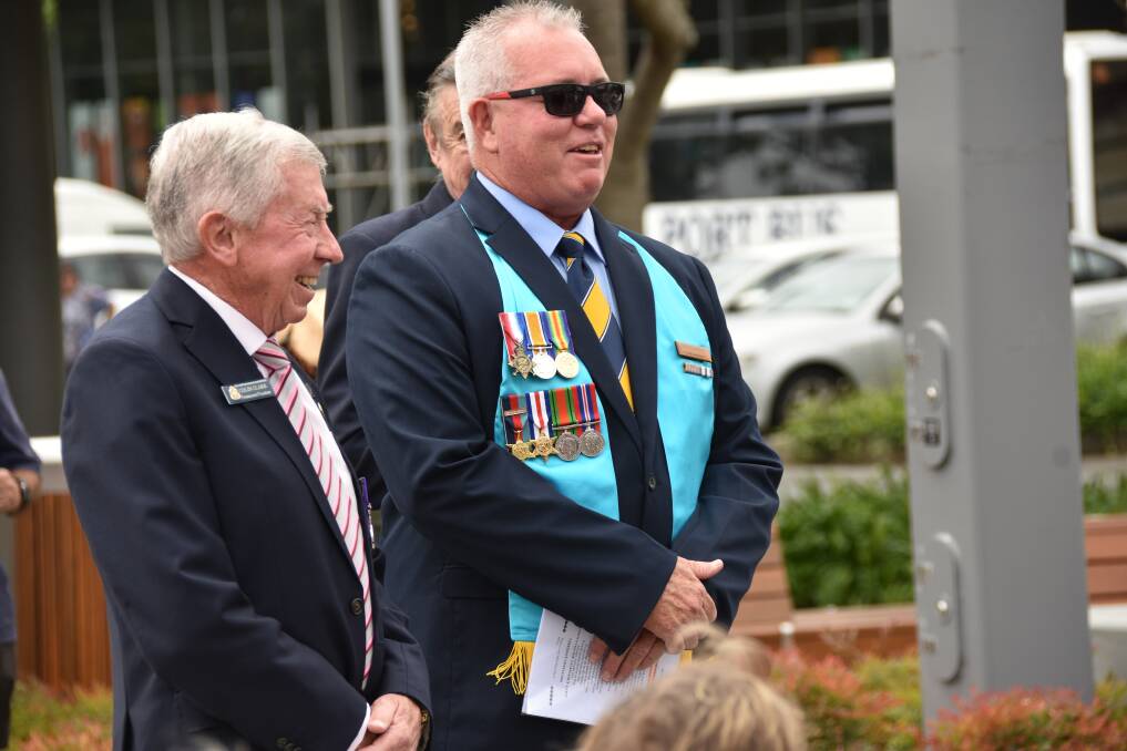 TRUST AND RESPECT: Colin Clark and Chaplain Ged Oldfield at the 2020 Bangka Island massacre commemoration service in February.