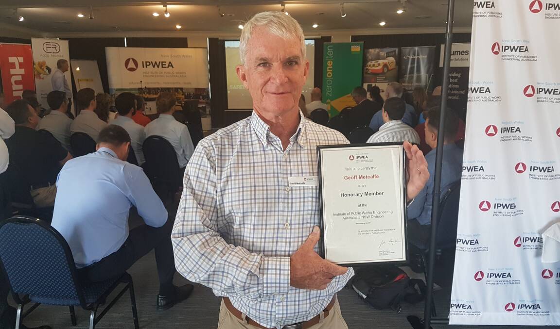 Engineering glory: Port Macquarie's Geoff Metcalfe, recognised as an honorary member of the Institute of Public Works Engineering Australasia NSW.