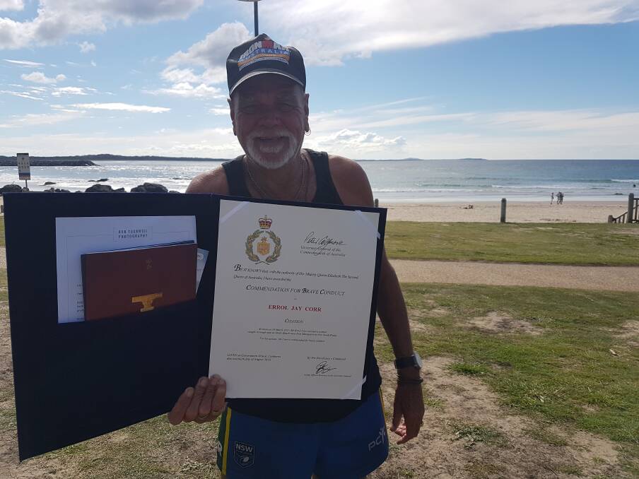 Port Macquarie Town Beach: Jay Corr with his Commendation for Brave Conduct.