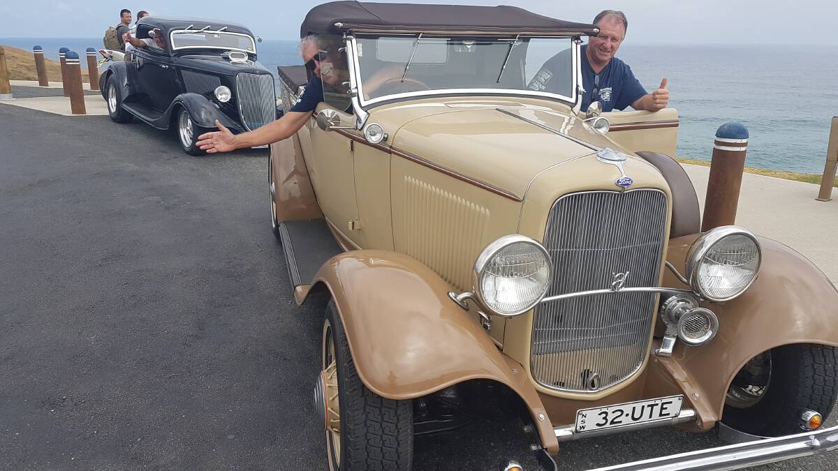 Show & Shine: Tom Dennerley, Brad Hammon and Bill Reid with a 1932 Ford Ute and 1934 three window Ford Coupe.