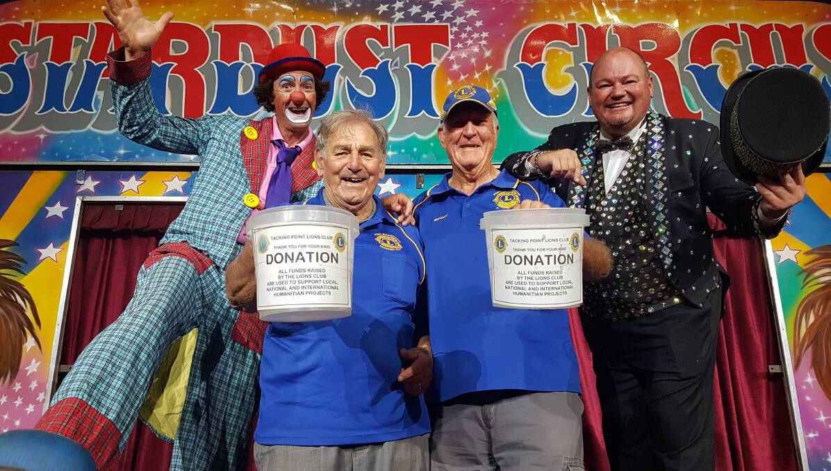 Clowning around for charity: Matthew 'Huckleberry' Ezekial, Lions' project chairman Stuart Aston and public officer Duncan Wyndham and Stardust Circus ringmaster and media liasion Adam St. James. 
