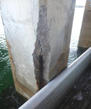 DAMAGED COLUMNS: Dunbogan Bridge before works were completed. Photo: Supplied/Port Macquarie-Hastings Council.