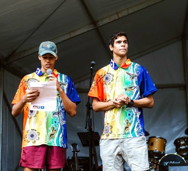BU FESTIVAL: Jacob Robinson-McKay (right) about to give the Welcome to Country during 2018 Coffs Coast youth week. Photo: Toormina High School.
