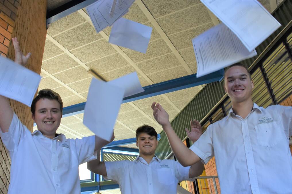 Exams end: Year 12 drama students Cooper Herden, Phoenix Nincsics and Adam Wall leaving their final exam on Wednesday.