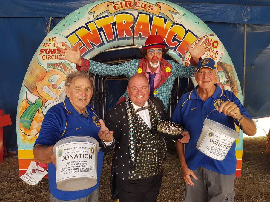 Clowning around for charity: Matthew 'Huckleberry' Ezekial, Lions' project chairman Stuart Aston and public officer Duncan Wyndham and Stardust Circus ringmaster and media liaison Adam St. James.