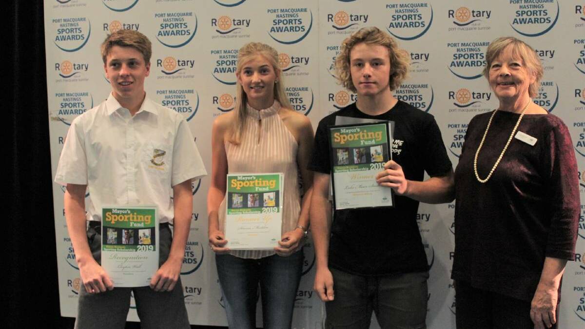 AWARDS NIGHT: Wayne Richards Sporting Scholarship runner-up Lleyton Wall, Shania Madden and winner Luke Meier-Smith with Cr Lisa Intemann.