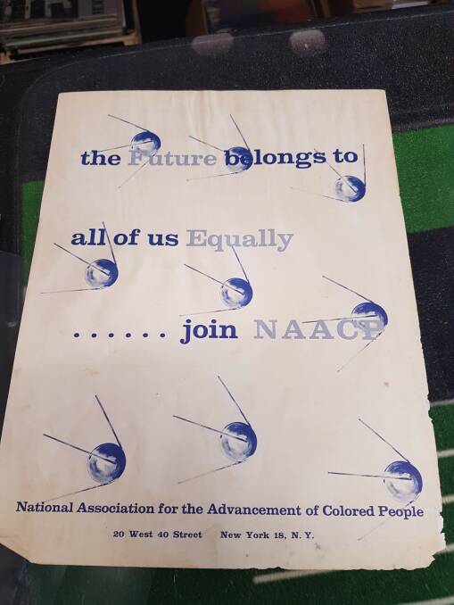 Record documents: An original application to join the National Association for the Advancement of Coloured People, registered in New York inside the album cover.