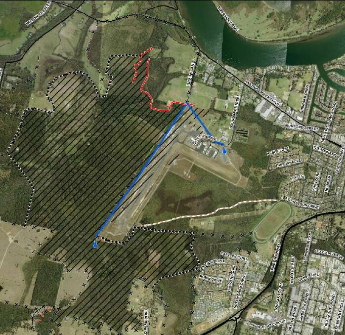 PIPELINE PLAN: A map of the pipeline (blue) to flood the Lindfield Park Road fire in Port Macquarie. Photo: Supplied/NSWRFS.