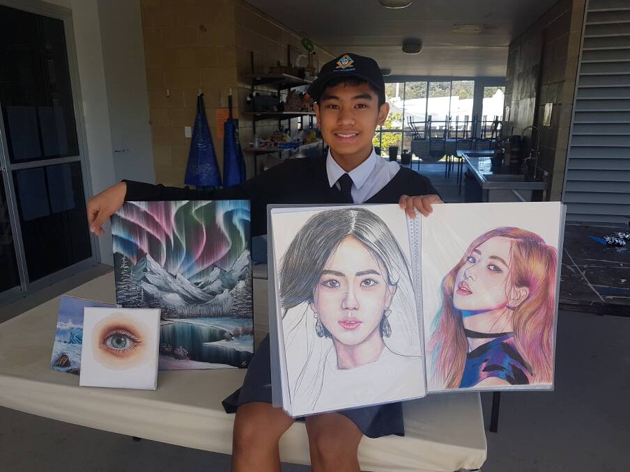 Port Macquare painting prodigy, Heo Ignacio with some of his art depicting Korean pop music artists, landscapes and an eye.