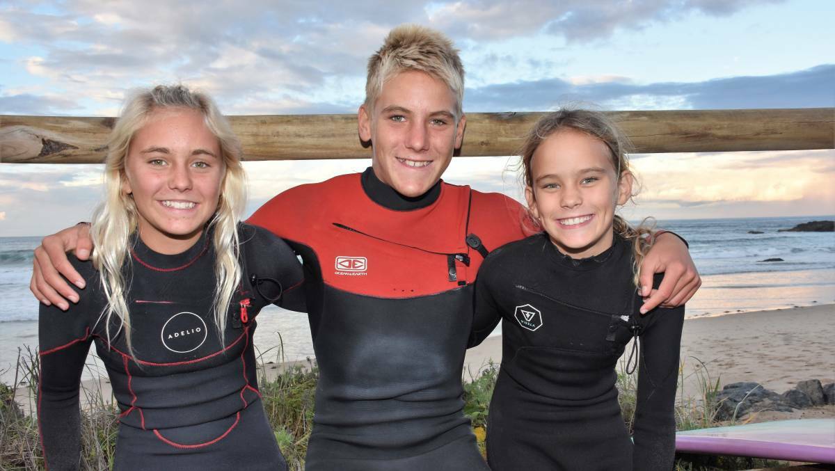 SURFING FAMILY: Imojen, Kayle and Avalon Enfield after returning from the state surfing titles in 2019.
