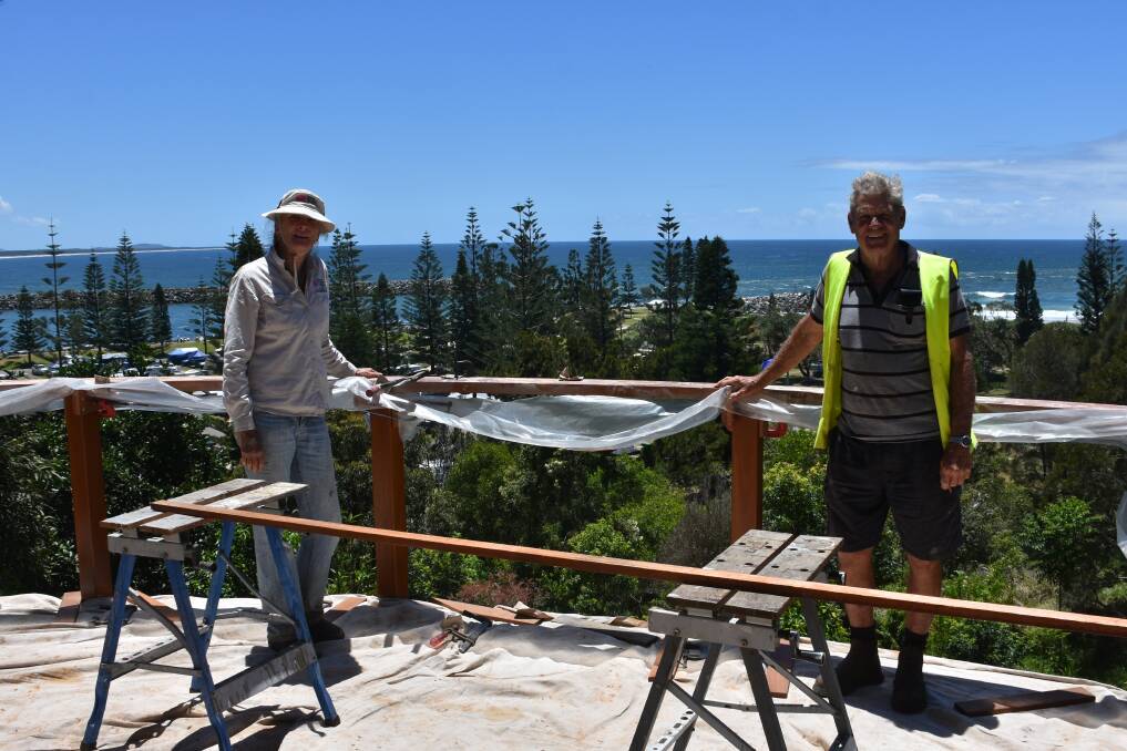 COMMUNITY GROUPS WORKING TOGETHER: BOAT BUILDING ON LAND: Mid North Coast Maritime Museum slipway manager Ron Window and Bertha York's granddaughter and site supervisor Glenys Pearson.
