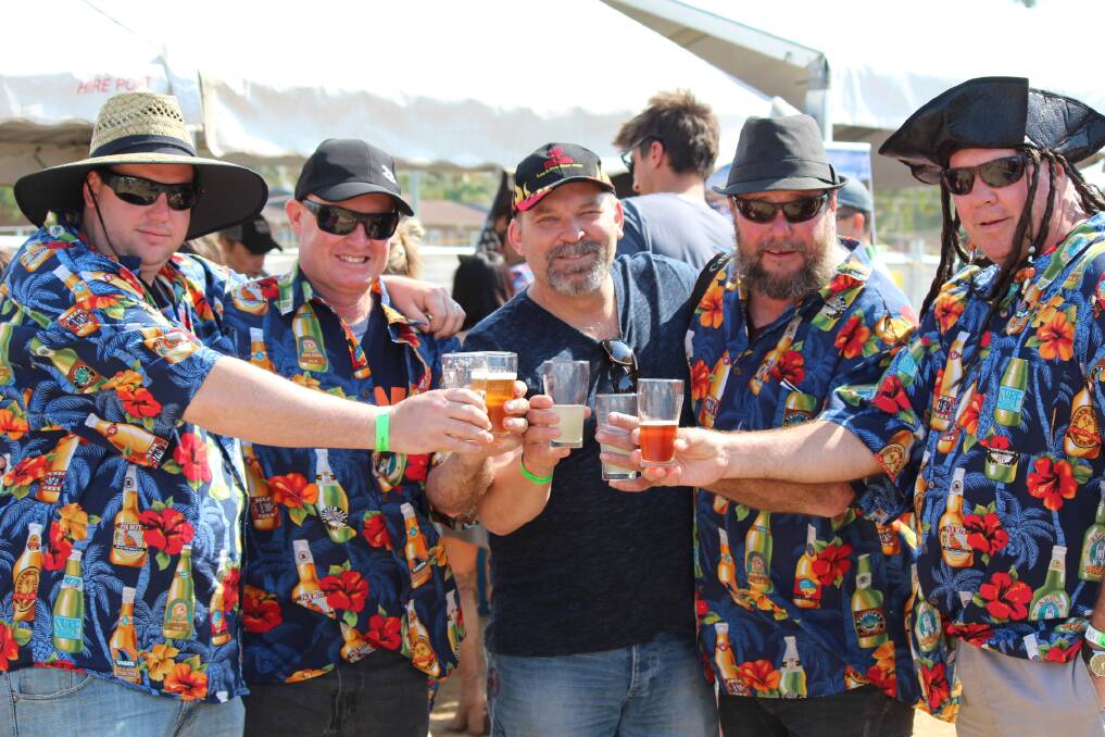ROAD TRIPPERS: Members of the East Lake Macquarie Beer Appreciation Society Aaron Harkins, Brendan Hardy, David Roxby, Donald Gilson and Wayne Hellier in 2017.