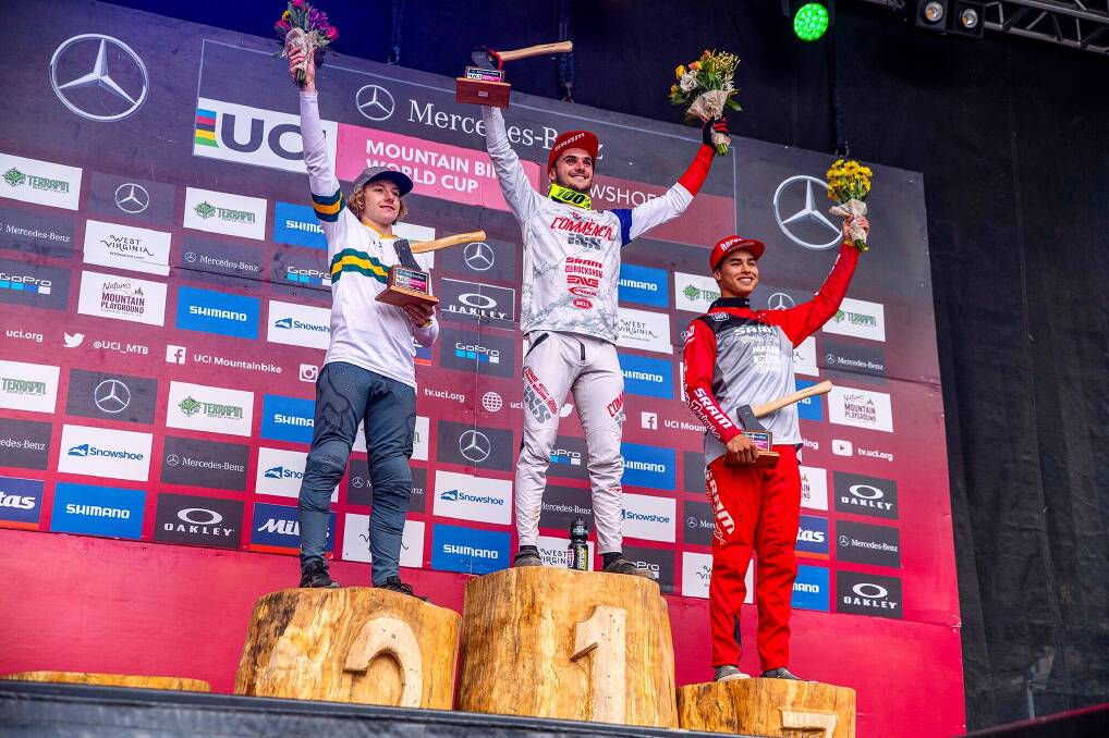 STANDING TALL: Luke Meier-Smith on the snowshoe world cup podium. Photo: Supplied.
