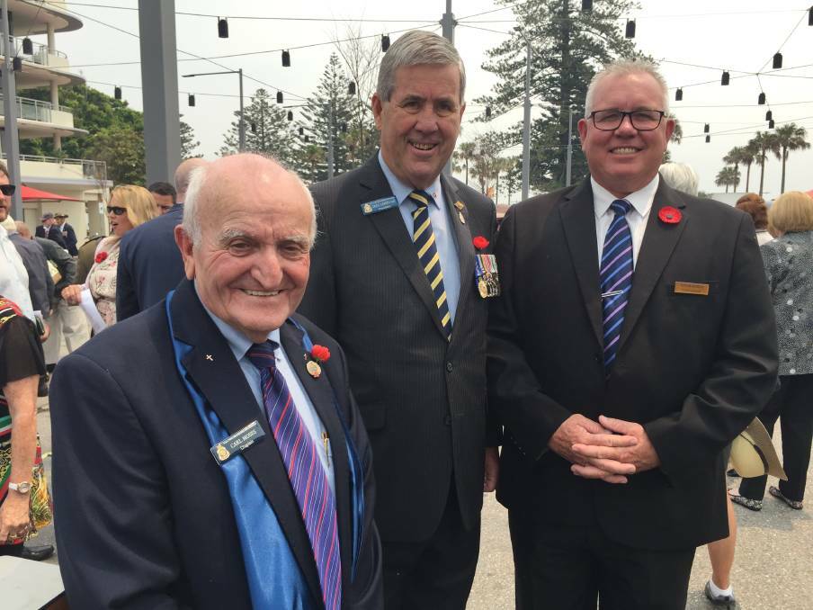FAREWELL AND THANK YOU: Chaplain Carl Moses, Port Macquarie RSL sub-branch president Greg Laird OAM and new chaplain Ged Oldfield.