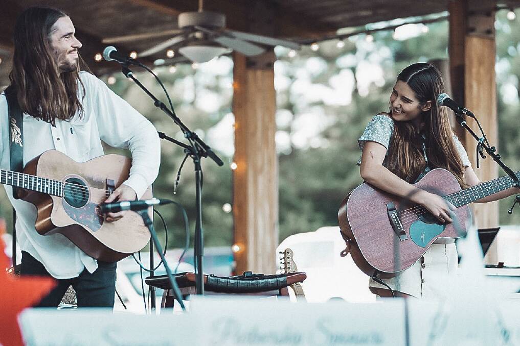 Leaving Lennox: Port Macquarie's Mick Hambly and Lauren Valatiadis on stage in the US. Photo: Supplied.