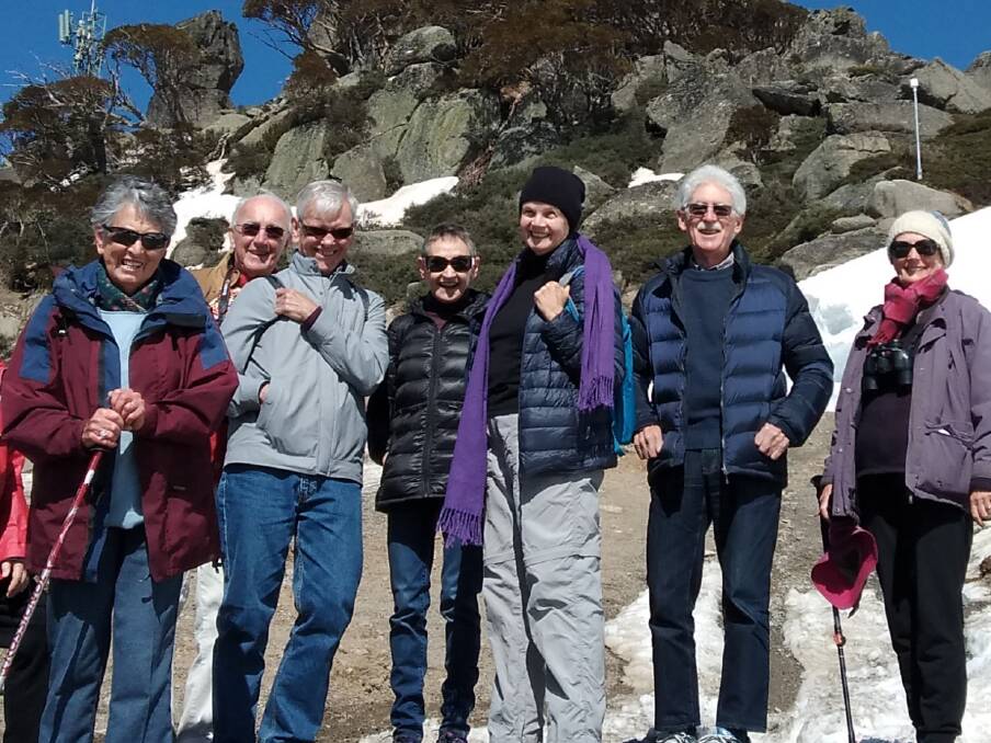ON TOUR: Group on the way to Mount Kosciusko 2019 with Elizabeth Morrison, Julian Croft, Pat Buckridge, Margaret Buckridge, Susan Lever, Andrew Taylor and Judith Brett. Photo: Supplied/Susan Lever.