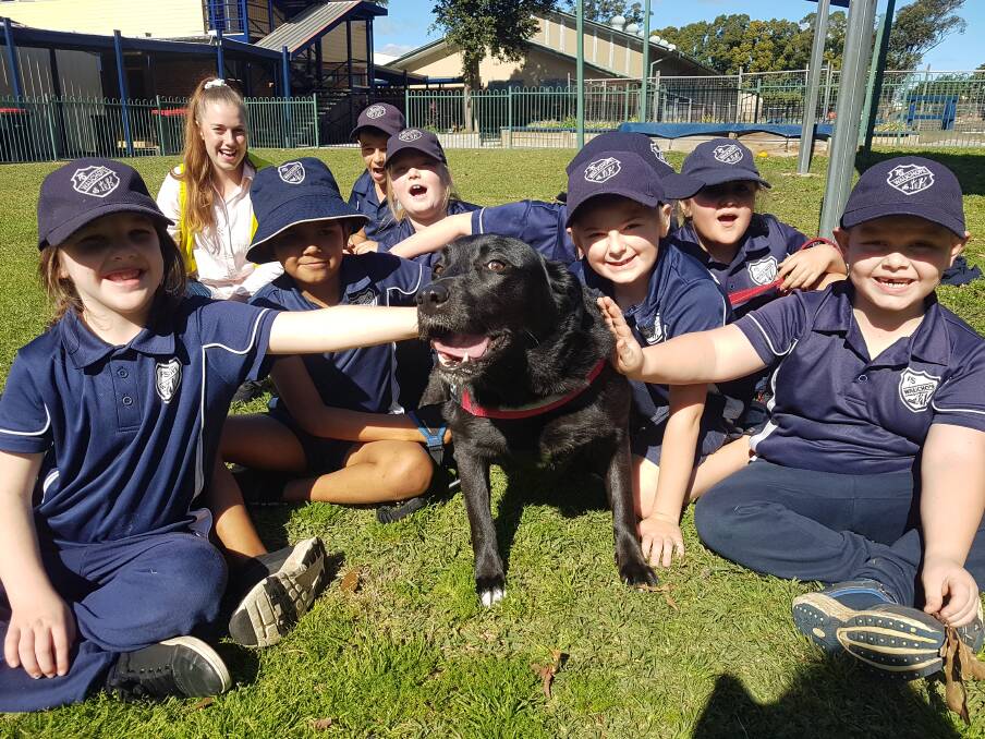 WELCOME FRIENDS: Assistance dog, Pepper with students from Wauchope Public School.