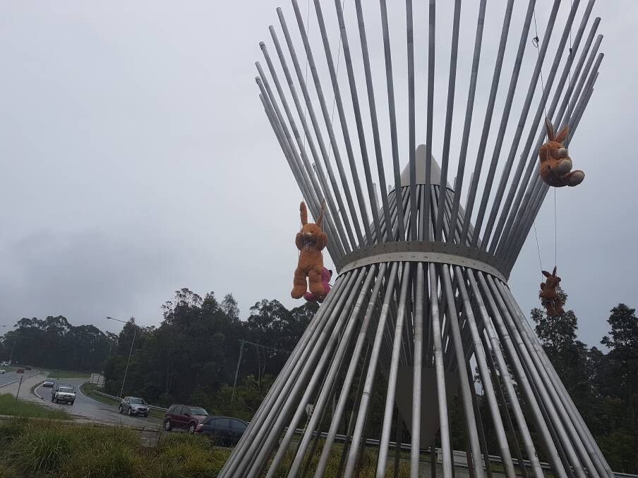 April fools pranksters strike again: Three rabbits and a pink tiger were discovered swinging from the roundabout sculpture on April 1.