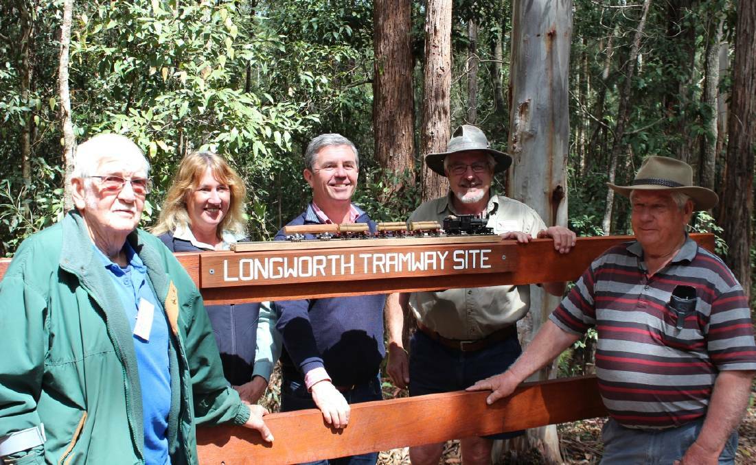 Valuable signage: Kendall Heritage Society president Bill Boyd, Kathy Lyons from Forestry Corporation, Dr David Gillespie and members of the Kendall Heritage Society. Photo: Supplied.