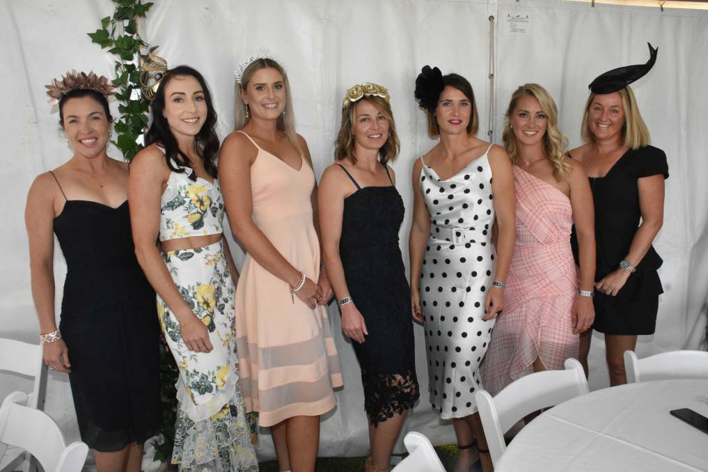 FASHION AT THE TRACK: Claire Thurlow, Raquel Lievore, Di Laurence, Nat West, Courtney Buckley, Shelley Lang and Tracy Wood.