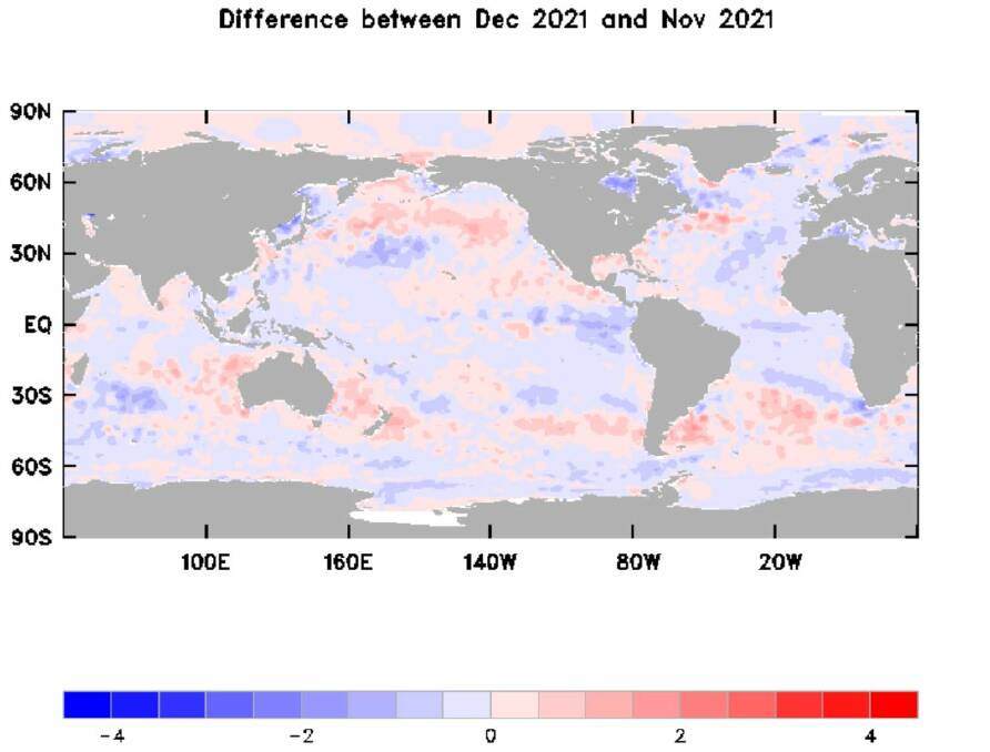 Sea surface temperature changes between December 2021 and November 2021.