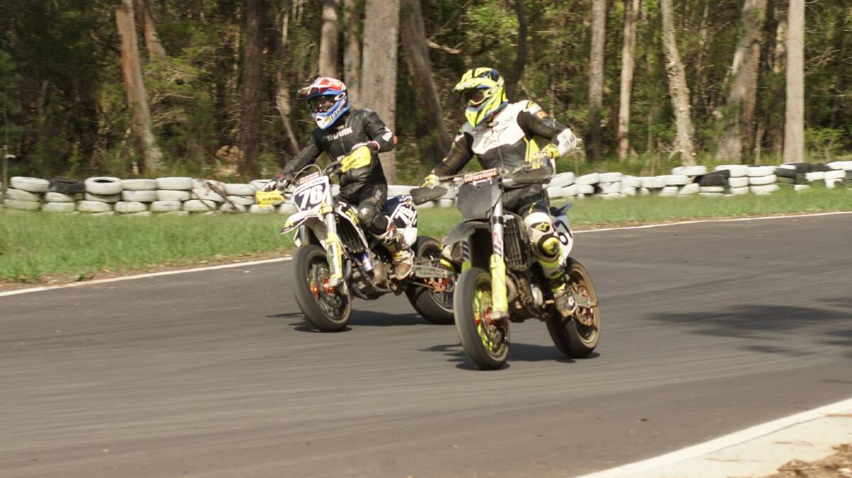 REAL RACING: Supermoto riders come to a tarmac turn in Port Macquarie. Photo: Supplied/Jean-Gabriel Laine.