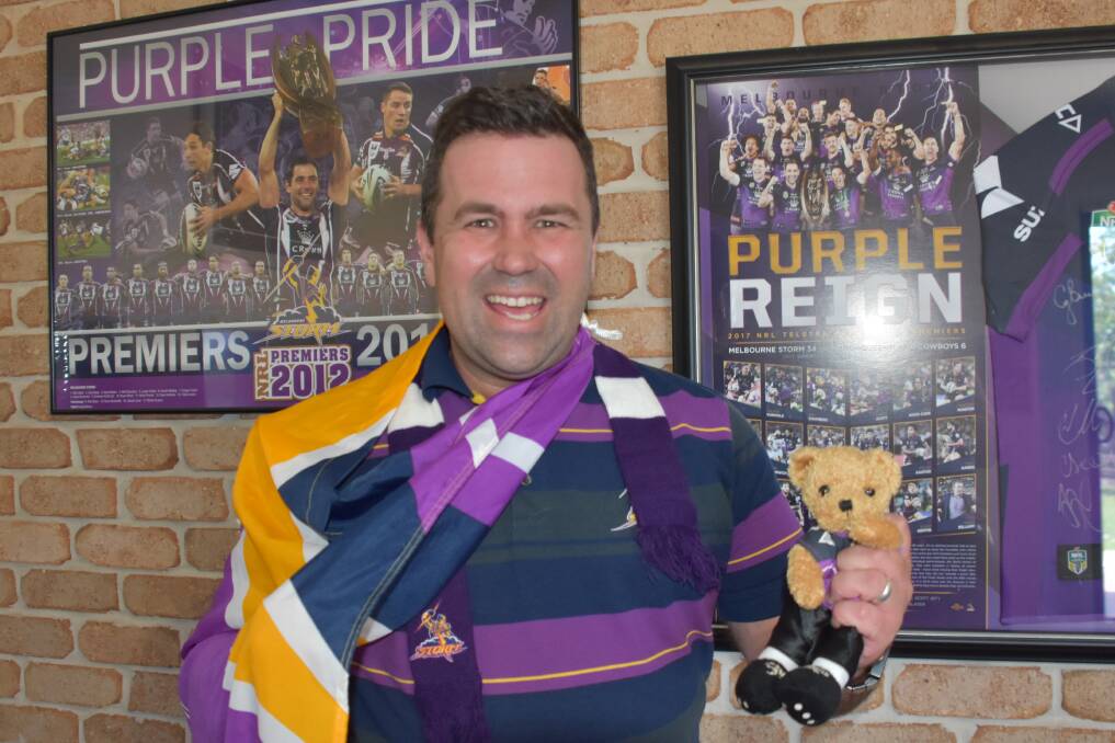 MAD KEEN: Melbourne Storm super-fan Greg Boath in his Port Macquarie mancave.
