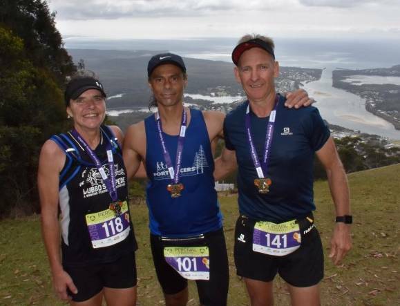Marathon athletes: Clare Palmer (third), Cliff Hoeft (first) and Paul Wood (second) in the marathon in 2019.