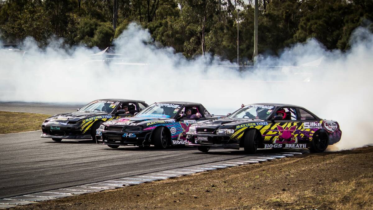 SIDEWAYS: Nothing says Happy Easter quite like smoking tyres and high-powered cars going sideways around the Port Macquarie Race Track. Photo: Drift Pirates Photography