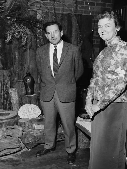 HISTORY OF THE HASTINGS: Pottery exhibition judge Ivan McMeekin with Dorothy Hope, 1968.