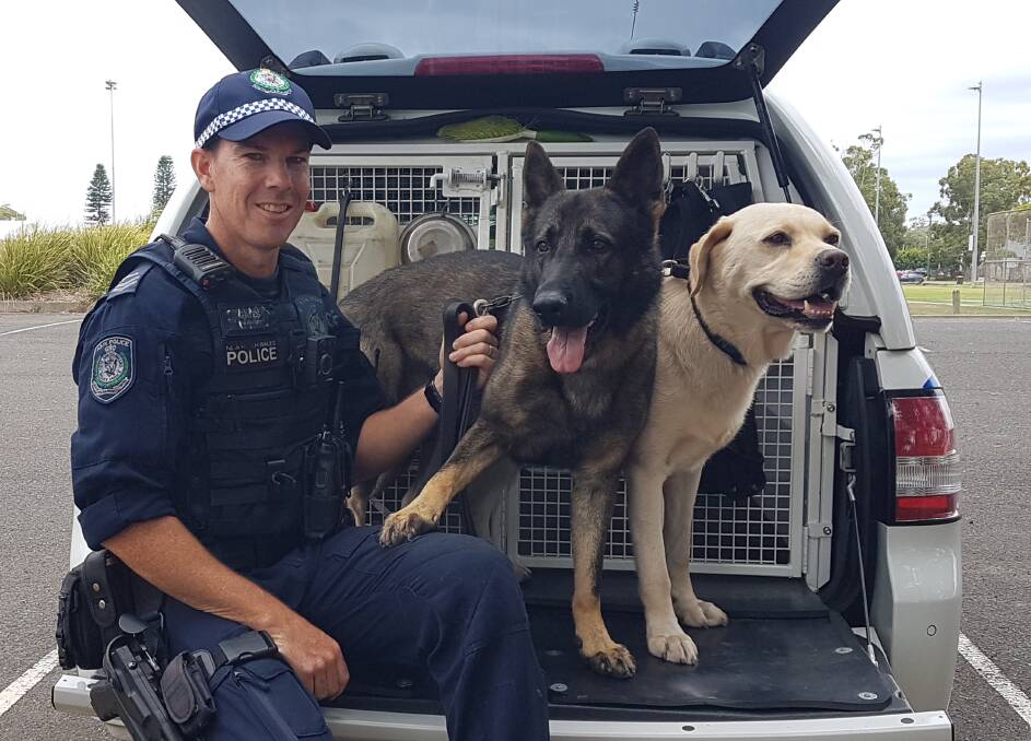 On the beat: Mid North Coast Dog Unit senior constable Matthew Gates with Yankee and Bear.