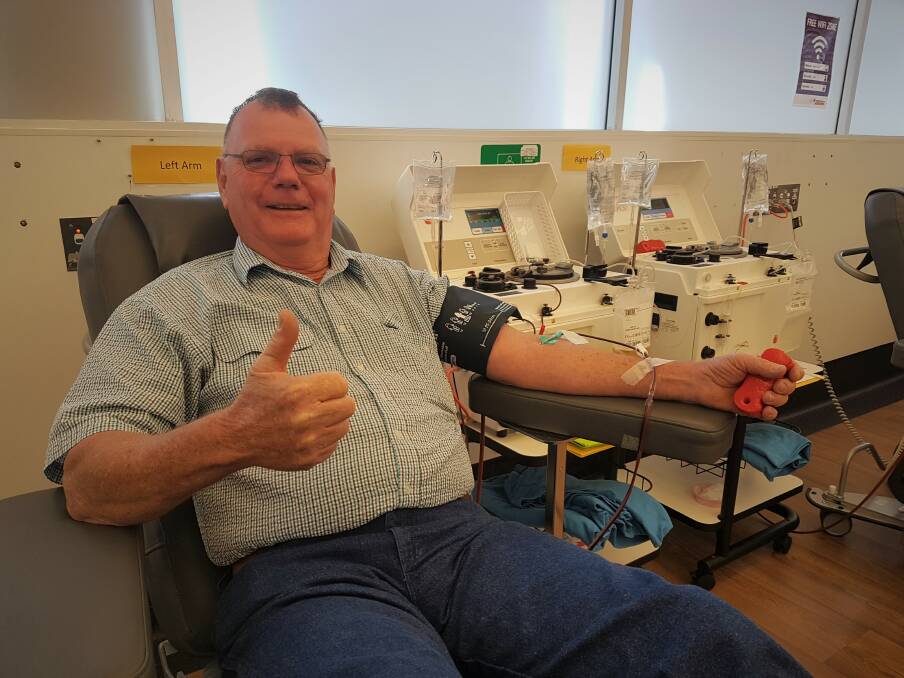 THUMBS UP: Wauchope's Graham Leahy donating plasma during his 75th donation at the Port Macquarie Donor Centre.