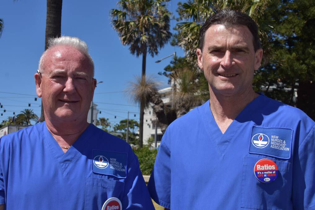 President of the NSWNMA Port Macquarie Base Hospital branch Mark Brennan and Former general secretary of the NSWNMA and current member Brett Holmes at the nurse strike in November 2022. Picture by Ruby Pascoe