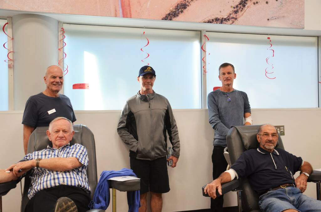 Donors: Chris Jourdant, Jason Delaforce, Harry Pol, Neil Morgan and Neville Burley have collectively made 1065 blood donations. Photo: Ruby Pascoe
