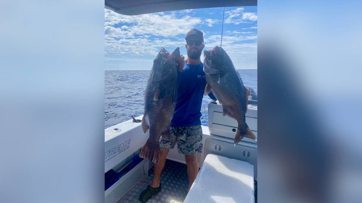 Rick Adorini with a great bass groper and blue-eye trevalla he recently caught off Port Macquarie on a Bay Explorer deep drop fishing rig. Picture, supplied 