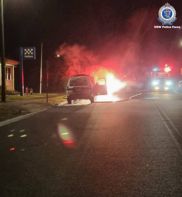 A police vehicle was destroyed in Wauchope in April this year. Photo: NSW Police