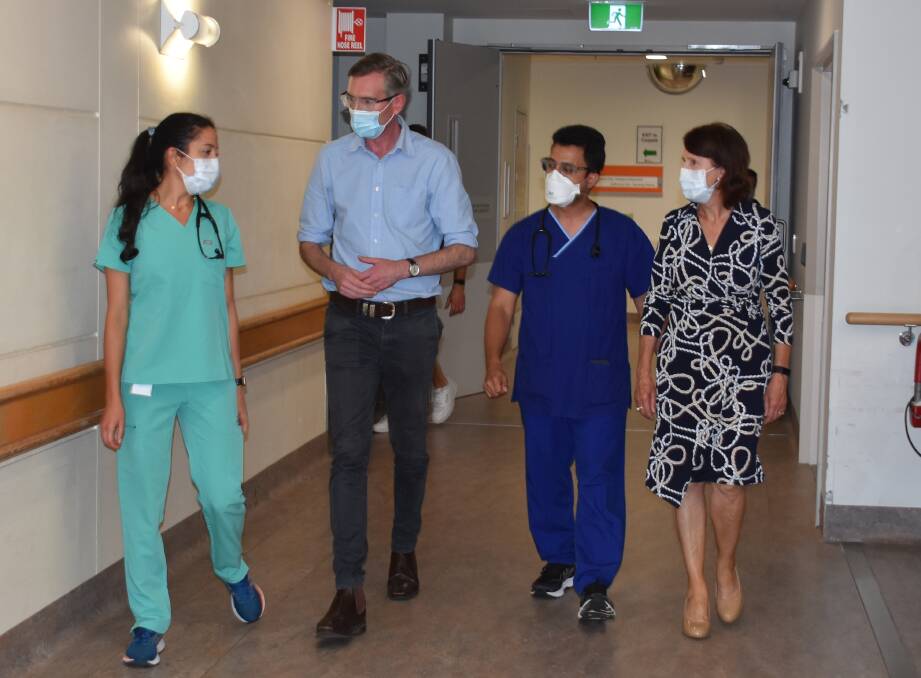 Dr Christiane Melki, NSW Premier Dominic Perrottet, Dr Vaibhav Vig and Port Macquarie MP Leslie Williams, tour Port Macquarie Base Hospital. Picture by Mardi Borg