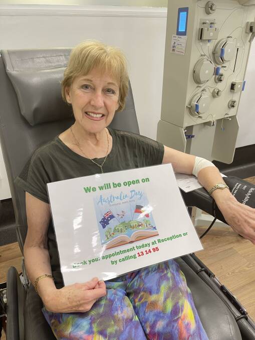 Carolyn Richards at Port Macquarie donor centre making her 80th donation. Photo supplied