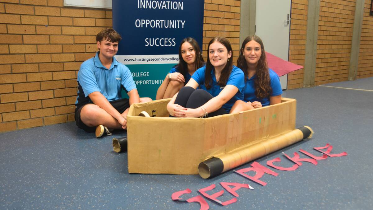 Hastings Secondary College students Caitlin Marotte and Mia Mitcham (front) will be launching their boat Seapickle in the Cardboard Boat Regatta on November 11. Picture by Ruby Pascoe